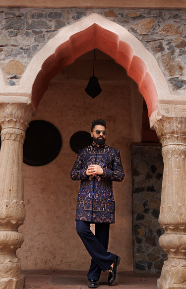 Blue Lycra Embroidery Floral  Indo-Western Set
