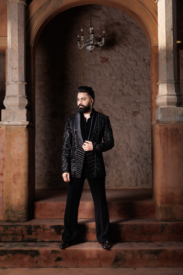 Black Lycra Sequins, Beads, Embroidery Tuxedo And Pant Set