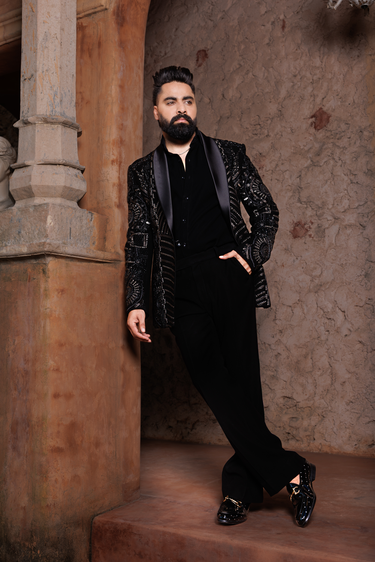 Black Lycra Sequins, Beads, Embroidery Tuxedo And Pant Set