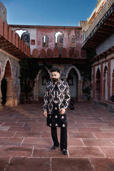 Black Lycra Embroidery, Metallic Thread Resham Jacket And Kurta Set