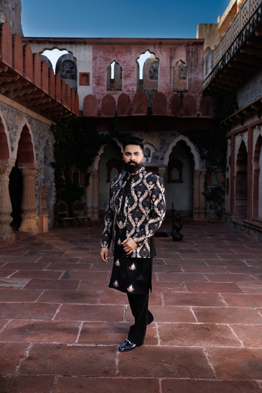 Black Lycra Embroidery, Metallic Thread Resham Jacket And Kurta Set