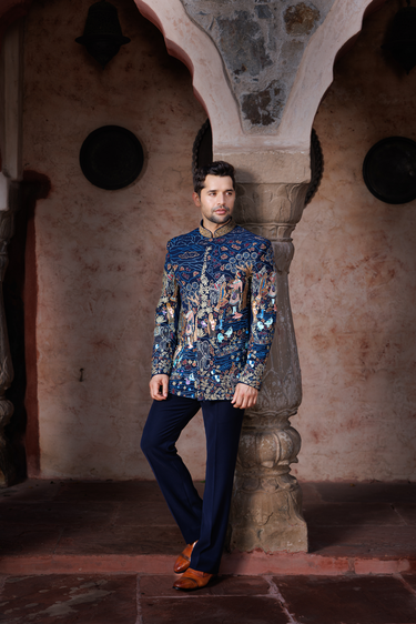 Navy Blue Mughal Court Bandhgala