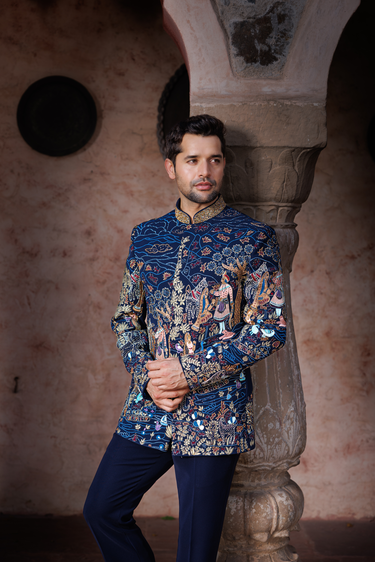 Navy Blue Mughal Court Bandhgala