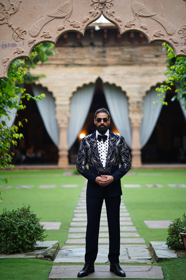 Navy Blue Silver Leaf Motif Tuxedo