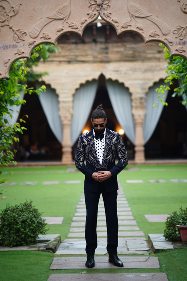 Navy Blue Silver Leaf Motif Tuxedo