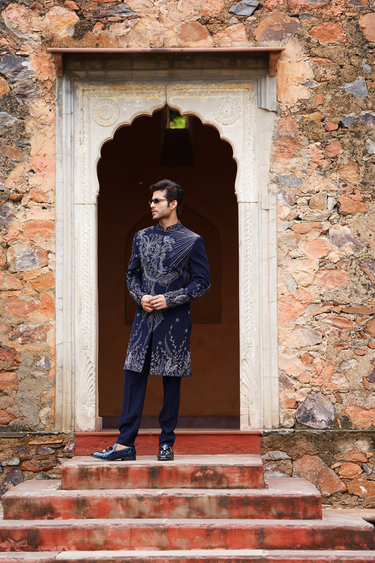 Navy Asymmetric Botanical Indo-Western Set