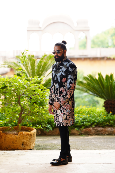 Black Blue & Peach Floral Gradient Embroidered Indo-Western