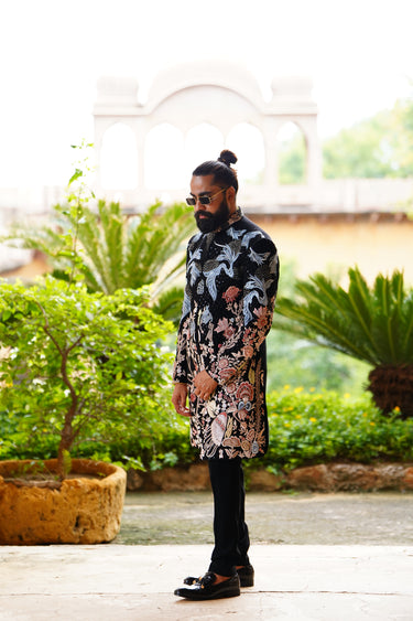 Black Blue & Peach Floral Gradient Embroidered Indo-Western