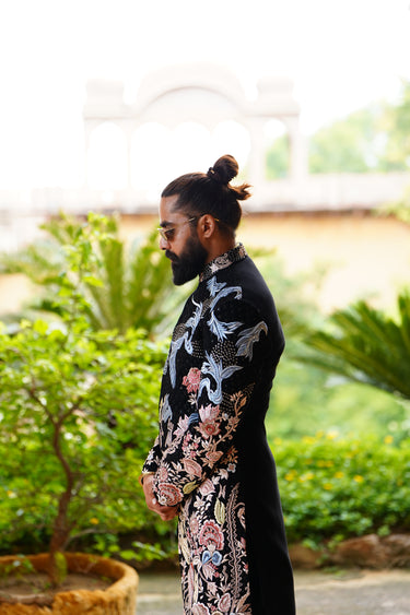 Black Blue & Peach Floral Gradient Embroidered Indo-Western