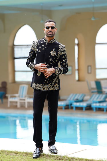 Black Gold & White Floral Embroidered Bandhgala