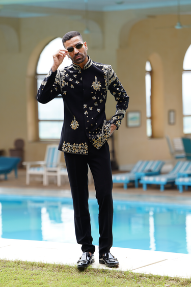 Black Gold & White Floral Embroidered Bandhgala