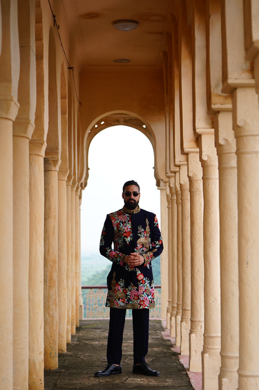 Luxe Navy Blue Multicolor Floral & Gold Indo-Western