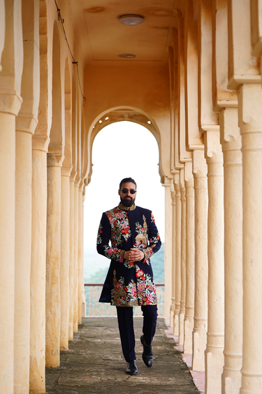 Luxe Navy Blue Multicolor Floral & Gold Indo-Western