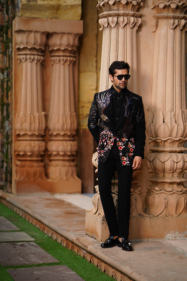 Black Iridescent Eagle Motif Embroidered Tuxedo