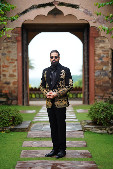 Black Cotton, Lycra Embroidery Resham Work Blazer Set