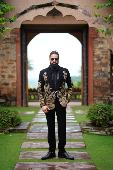 Black Cotton, Lycra Embroidery Resham Work Blazer Set