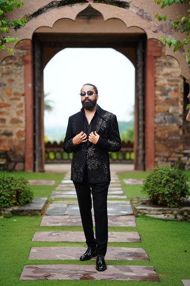 Black Cotton, Lycra Embroidery, Cut Work, Pearls Cutdana Blazer Set
