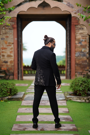Black Cotton, Lycra Embroidery, Cut Work, Pearls Cutdana Blazer Set