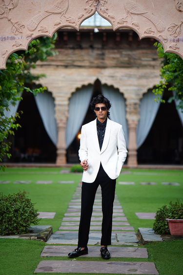 White Structured Pintuck Shoulder Detail Tuxedo
