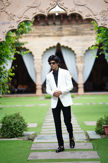 White Structured Pintuck Shoulder Detail Tuxedo