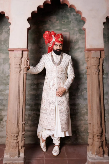 Royal Silk Handcrafted Sherwani Set in Ivory