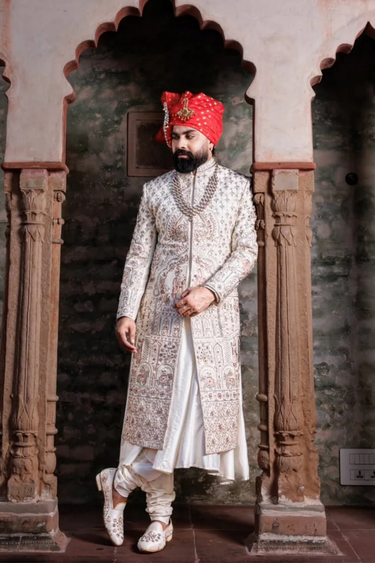 Royal Silk Handcrafted Sherwani Set in Ivory