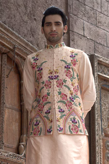 Raw Silk Peach Embroidery Bundi Set
