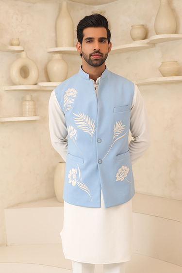 Lycra Sky Blue Nehru Jacket Set