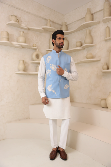 Lycra Sky Blue Nehru Jacket Set