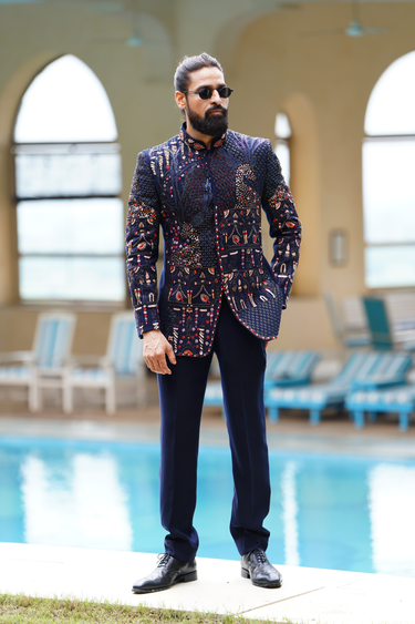 Deep Blue Zardozi Bandhgala Set