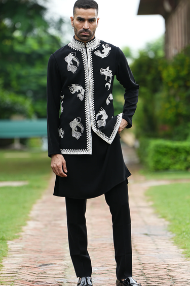 Black Lycra Cut Work, Embroidery Fish Bundi And Kurta Set