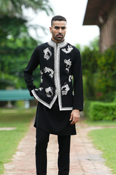 Black Lycra Cut Work, Embroidery Fish Bundi And Kurta Set