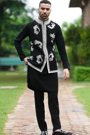 Black Lycra Cut Work, Embroidery Fish Bundi And Kurta Set