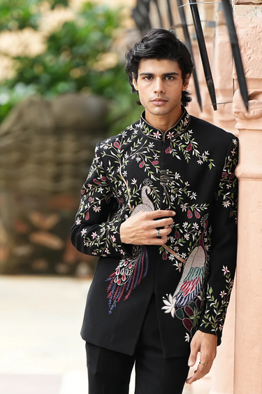 Jodhpuri with multicolour resham and cutdana embroidery, comes with matching trouser.