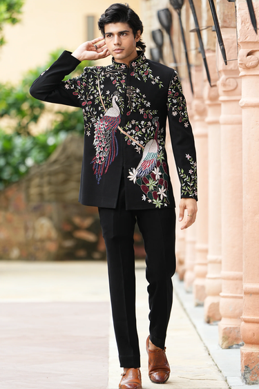 Jodhpuri with multicolour resham and cutdana embroidery, comes with matching trouser.