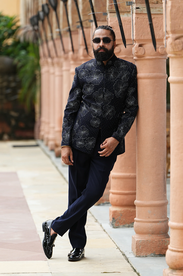 Navy Blue Floral Bandhgala Set
