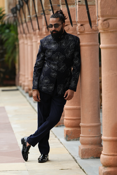 Navy Blue Floral Bandhgala Set