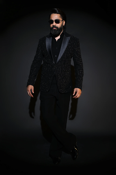 Black Lycra Sequins, Embroidery Japanese Tuxedo Set