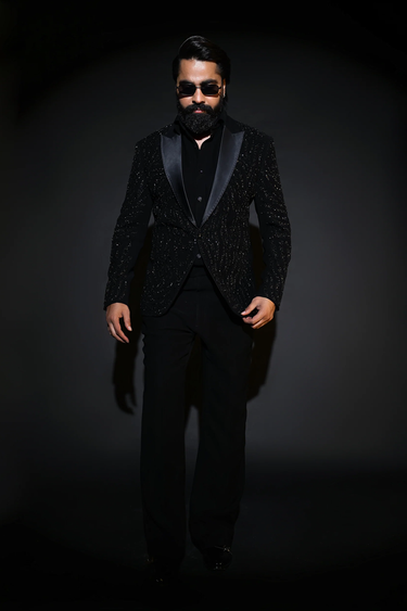 Black Lycra Sequins, Embroidery Japanese Tuxedo Set