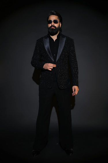 Black Lycra Sequins, Embroidery Japanese Tuxedo Set