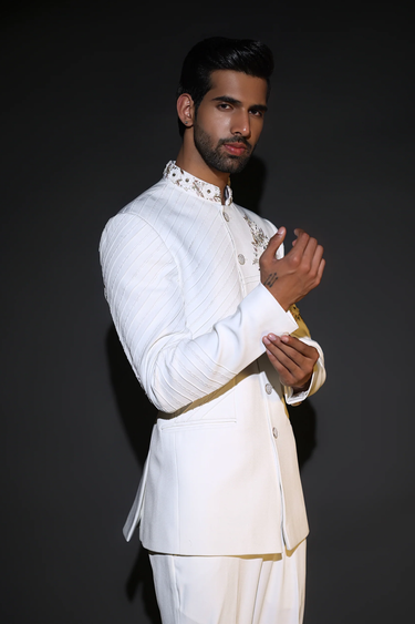 Lycra White Flower Bandhgala