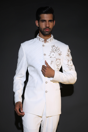 Lycra White Flower Bandhgala